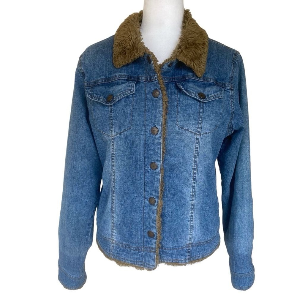 Vintage Scorpio USA Womens L Denim Jean Jacket Faux Fur Trim Quilted Lined Y2K